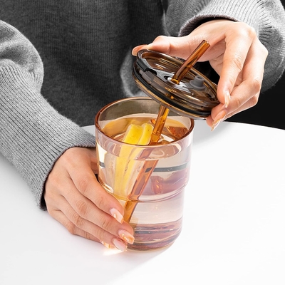 13 oz/400 ml de vaso de agua de tumbler, tazas con paja y tapa sellada llevar para el café, té helado, grueso de pared aislado de vidrio