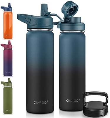 Botella de agua aislada de 32 oz con paja, botella de copa de agua deportiva de acero inoxidable con 3 tapas (paja, grifos y tapa de mango)