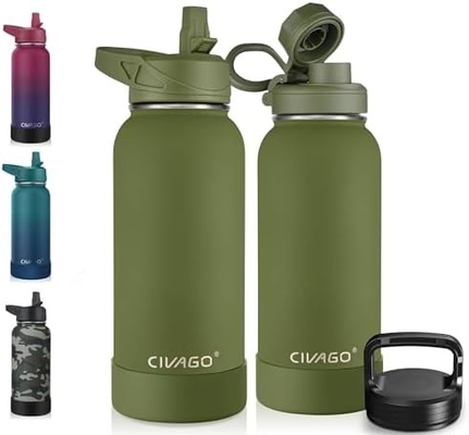 Botella de agua aislada de 32 oz con paja, botella de copa de agua deportiva de acero inoxidable con 3 tapas (paja, grifos y tapa de mango)