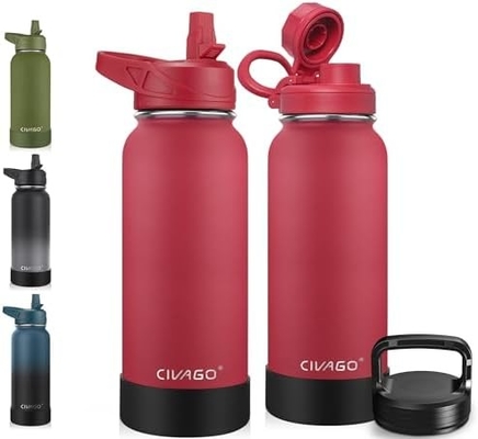 Botella de agua aislada de 32 oz con paja, botella de copa de agua deportiva de acero inoxidable con 3 tapas (paja, grifos y tapa de mango)