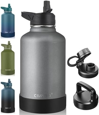 Botella de agua aislada de 32 oz con paja, botella de copa de agua deportiva de acero inoxidable con 3 tapas (paja, grifos y tapa de mango)