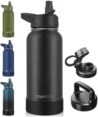 Botella de agua aislada de 32 oz con paja, botella de copa de agua deportiva de acero inoxidable con 3 tapas (paja, grifos y tapa de mango)