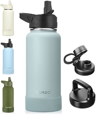 Botella de agua aislada de 32 oz con paja, botella de copa de agua deportiva de acero inoxidable con 3 tapas (paja, grifos y tapa de mango)