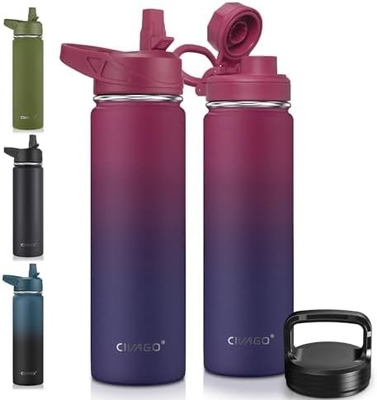 Botella de agua aislada de 32 oz con paja, botella de copa de agua deportiva de acero inoxidable con 3 tapas (paja, grifos y tapa de mango)