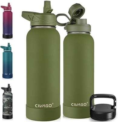 Botella de agua aislada de 32 oz con paja, botella de copa de agua deportiva de acero inoxidable con 3 tapas (paja, grifos y tapa de mango)