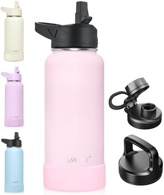 Botella de agua aislada de 32 oz con paja, botella de copa de agua deportiva de acero inoxidable con 3 tapas (paja, grifos y tapa de mango)