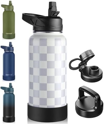 Botella de agua aislada de 32 oz con paja, botella de copa de agua deportiva de acero inoxidable con 3 tapas (paja, grifos y tapa de mango)