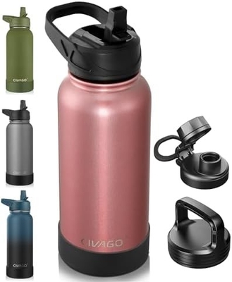 Botella de agua aislada de 32 oz con paja, botella de copa de agua deportiva de acero inoxidable con 3 tapas (paja, grifos y tapa de mango)