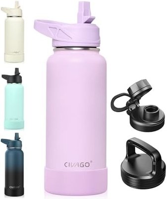 Botella de agua aislada de 32 oz con paja, botella de copa de agua deportiva de acero inoxidable con 3 tapas (paja, grifos y tapa de mango)