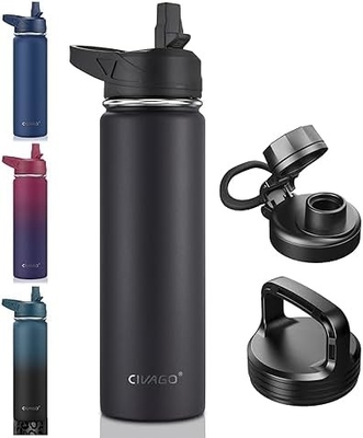 Botella de agua aislada de 32 oz con paja, botella de copa de agua deportiva de acero inoxidable con 3 tapas (paja, grifos y tapa de mango)