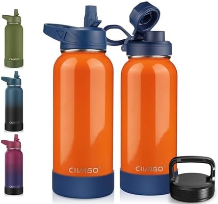Botella de agua aislada de 32 oz con paja, botella de copa de agua deportiva de acero inoxidable con 3 tapas (paja, grifos y tapa de mango)
