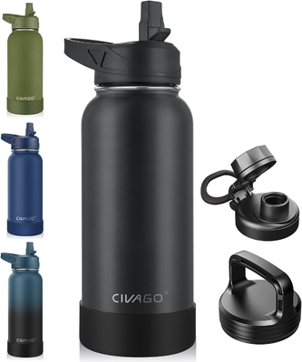 Botella de agua aislada de 32 oz con paja, botella de copa de agua deportiva de acero inoxidable con 3 tapas (paja, grifos y tapa de mango)