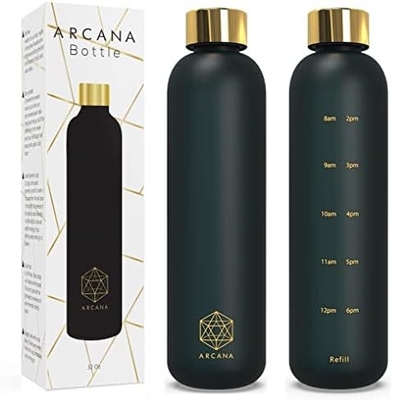 Botella de agua ARCANA Arc con marcador de tiempo - Botellas de agua motivacionales con tiempos para beber - Plástico congelado libre de BPA