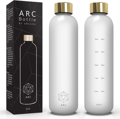 Botella de agua ARCANA Arc con marcador de tiempo - Botellas de agua motivacionales con tiempos para beber - Plástico congelado libre de BPA
