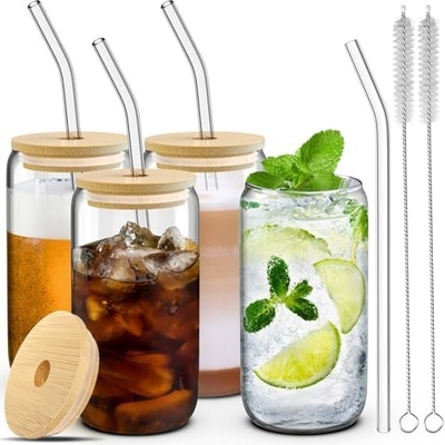 4 Set de vasos de vidrio con tapas y pajitas 16 oz, Set de vasos para beber, Taza de café helado con tapas de bambú,