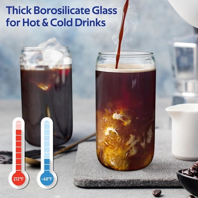 4 Set de vasos de vidrio con tapas y pajitas 16 oz, Set de vasos para beber, Taza de café helado con tapas de bambú,