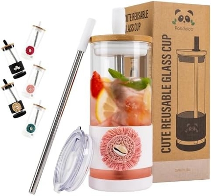 Tazas de vidrio con tapas y pajitas -20 Fl Oz- Taza de café helado de tamaño perfecto - Taza de batido con bambú