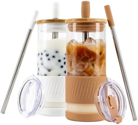 Tazas de vidrio con tapas y pajitas -20 Fl Oz- Taza de café helado de tamaño perfecto - Taza de batido con bambú