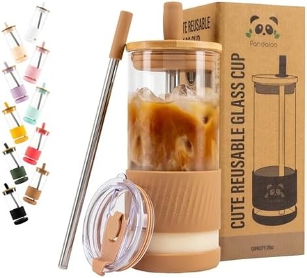 Tazas de vidrio con tapas y pajitas -20 Fl Oz- Taza de café helado de tamaño perfecto - Taza de batido con bambú