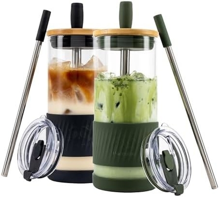 Tazas de vidrio con tapas y pajitas -20 Fl Oz- Taza de café helado de tamaño perfecto - Taza de batido con bambú