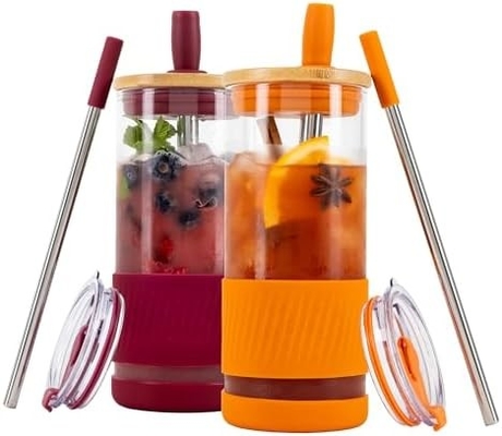 Tazas de vidrio con tapas y pajitas -20 Fl Oz- Taza de café helado de tamaño perfecto - Taza de batido con bambú