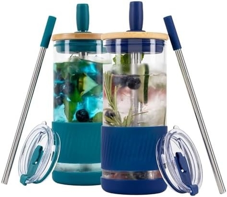 Tazas de vidrio con tapas y pajitas -20 Fl Oz- Taza de café helado de tamaño perfecto - Taza de batido con bambú