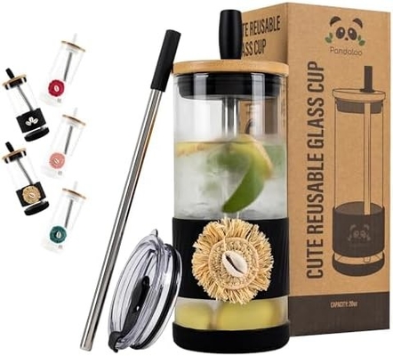 Tazas de vidrio con tapas y pajitas -20 Fl Oz- Taza de café helado de tamaño perfecto - Taza de batido con bambú