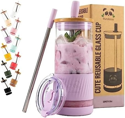 Tazas de vidrio con tapas y pajitas -20 Fl Oz- Taza de café helado de tamaño perfecto - Taza de batido con bambú