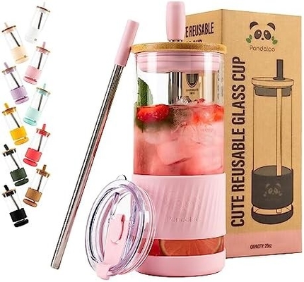 Tazas de vidrio con tapas y pajitas -20 Fl Oz- Taza de café helado de tamaño perfecto - Taza de batido con bambú