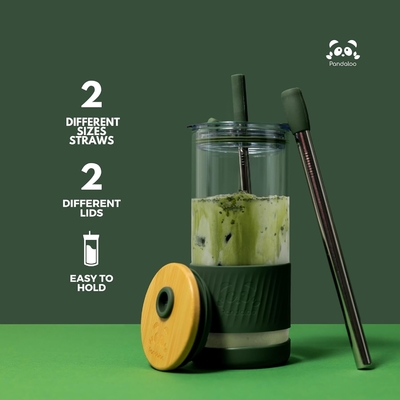 Tazas de vidrio con tapas y pajitas -20 Fl Oz- Taza de café helado de tamaño perfecto - Taza de batido con bambú