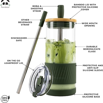 Tazas de vidrio con tapas y pajitas -20 Fl Oz- Taza de café helado de tamaño perfecto - Taza de batido con bambú