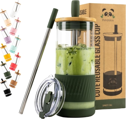Tazas de vidrio con tapas y pajitas -20 Fl Oz- Taza de café helado de tamaño perfecto - Taza de batido con bambú