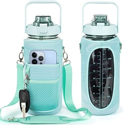 Botella de agua de medio galón con manga botella de agua de inspiración con paja y marca de tiempo
