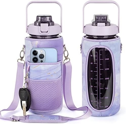Botella de agua de medio galón con manga botella de agua de inspiración con paja y marca de tiempo