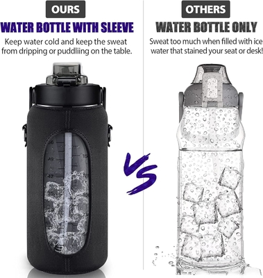 Botella de agua de medio galón con manga botella de agua de inspiración con paja y marca de tiempo