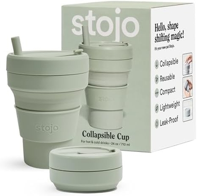 Taza de viaje plegable - Verde salvia, 12 oz / 355 ml - Reutilizable a prueba de fugas botella de silicona de bolsillo