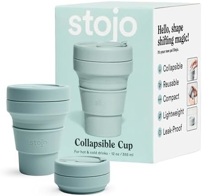 Taza de viaje plegable - Verde salvia, 12 oz / 355 ml - Reutilizable a prueba de fugas botella de silicona de bolsillo