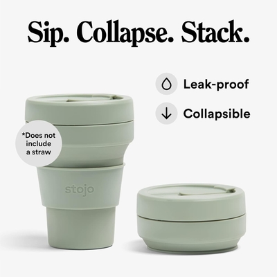Taza de viaje plegable - Verde salvia, 12 oz / 355 ml - Reutilizable a prueba de fugas botella de silicona de bolsillo