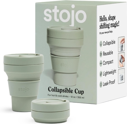 Taza de viaje plegable - Verde salvia, 12 oz / 355 ml - Reutilizable a prueba de fugas botella de silicona de bolsillo