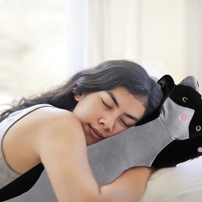WUYU Adorable muñeca de gato de peluche lindo dibujo animado suave relleno de gatito almohada larga tirada de dormir almohada muñeca juguete regalo para niños