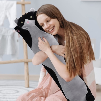 WUYU Adorable muñeca de gato de peluche lindo dibujo animado suave relleno de gatito almohada larga tirada de dormir almohada muñeca juguete regalo para niños