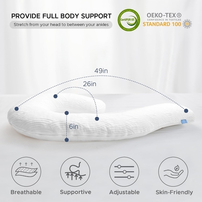Almohada corporal para adultos - almohadas suaves largas de cama inserta para dormir - espuma de memoria triturada y cubierta lavable extraíble