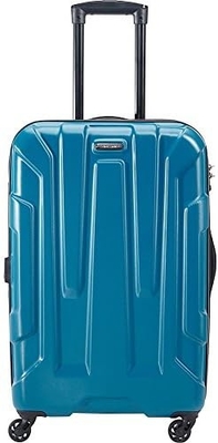 El equipaje expandible de lado duro con ruedas giratorias, de color azul, de mediano y de 24 pulgadas.
