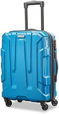 El equipaje expandible de lado duro con ruedas giratorias, de color azul, de mediano y de 24 pulgadas.