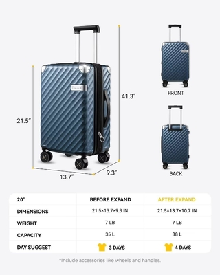 Equipaje 22x14x9 Aprobado por aerolínea - Valija de policarbonato expandible de cáscara dura de 35L con ruedas giratorias (Negra, 20 pulgadas)
