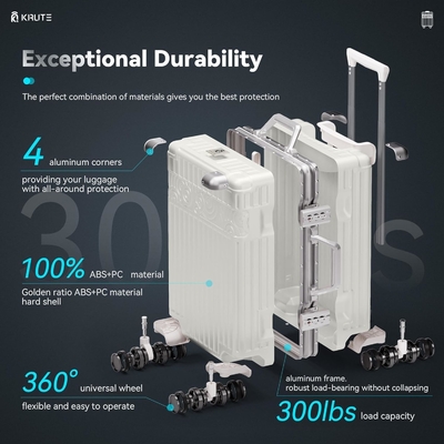 Equipaje sin cremallera con 8 ruedas 20 pulgadas maleta de carcasa dura con PC + ABS TSA Cerradura 4 esquina de metal blanco