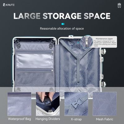 Equipaje sin cremallera con 4 ruedas 20 pulgadas maleta de cáscara dura con PC + ABS TSA Cerradura 4 esquina de metal blanco