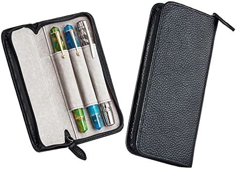 Bolsa de pluma de cuero genuino 3 ranuras divididas Color negro, Bolsa de bolsillo con cremallera