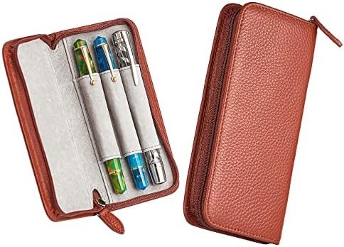Bolsa de pluma de cuero genuino 3 ranuras divididas Color negro, Bolsa de bolsillo con cremallera
