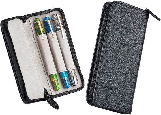 Bolsa de pluma de cuero genuino 3 ranuras divididas Color negro, Bolsa de bolsillo con cremallera